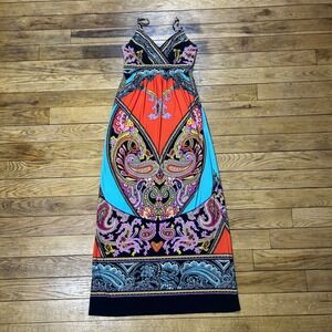 Dressbarn Maxi Dress Paisley Print Orange Blue Black Spaghetti Strap‎ Size 4